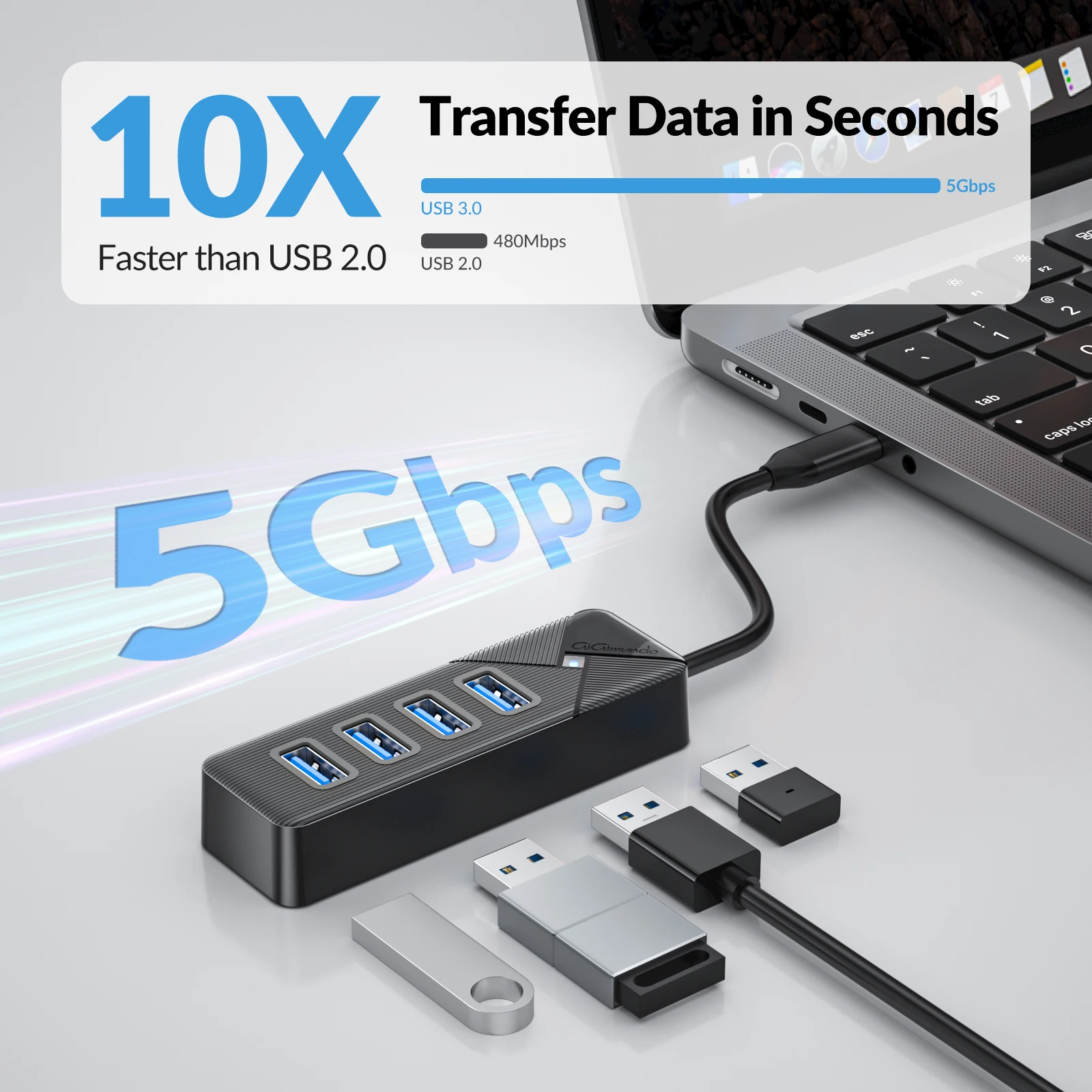 Фото USB 3.0 HUB, высокоскоростной USB-разветвитель с 4 портами USB-A и 1 портом Type-C, 5 Гбит/с, многопортовый USB-адаптер для ПК, компьютерных аксессуаров, ноутбуков №2