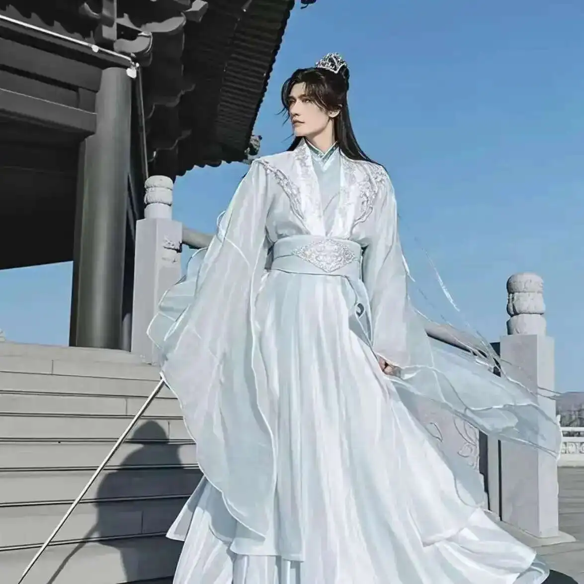 Большой размер 3XL Hanfu, мужской белый костюм с китайской вышивкой, древний комплект Hanfu, костюм для косплея на Хэллоуин, светло-синий Hanfu (art.: 3920cf80b6f8a) - 3920cf80b6f8a