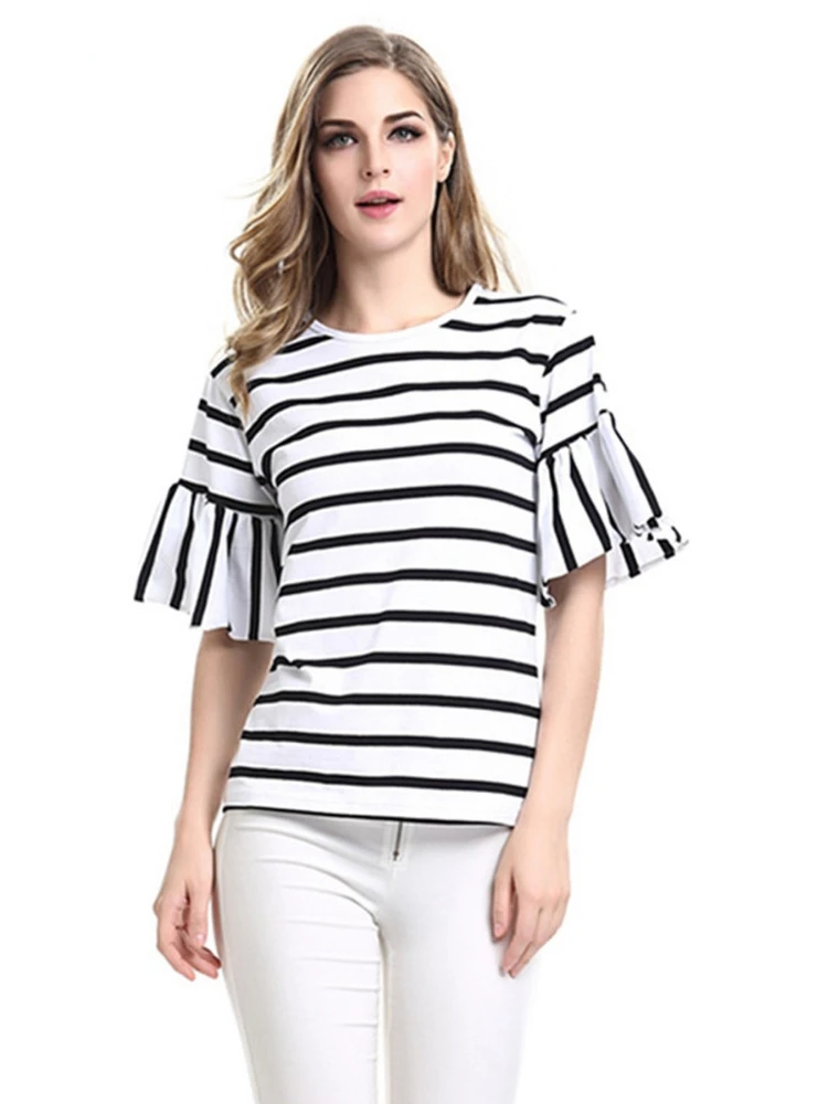 White Black Stripe O Neck Casual Cotton Tee Shirts for Women Chic Fashion S XXL Large Size 2021 Trend Spring Summer Tshirts Tops