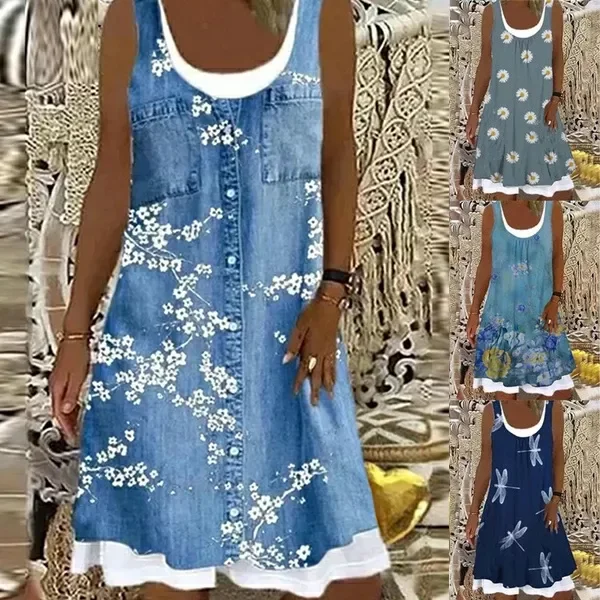 Tank Dress 2022 Summer Retro Denim Style Floral Print Splice Mini Dress Casual Sleeveless O-Neck Loose Dresses S-5XL