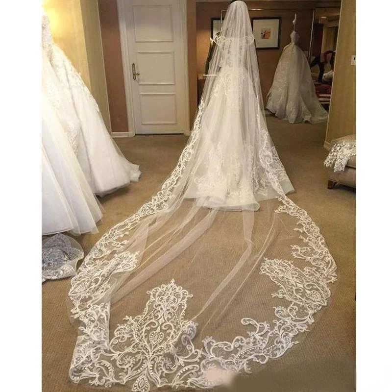 

New Arrival Wedding Veils Three Meters Long With Lace Applique Edge One Layer Cathedral Length Custom Made Cheap Bridal Veil