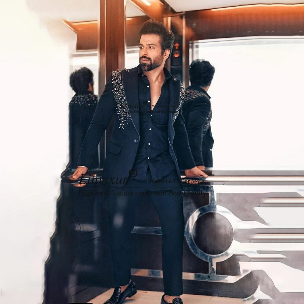 

Мужские костюмы с темно-синими бусинами, облегающий деловой Блейзер, свадебный смокинг для жениха, комплект из 2 предметов, пиджак и брюки, мужские костюмы