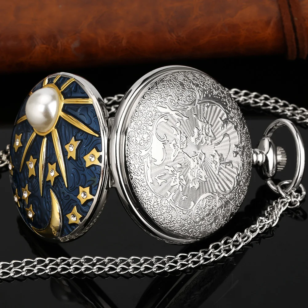 Big Pocket Watch Necklace Pendant Bule Epoxy Pearl Star Case Romantic Gift for Men Women Fob Watch with Chain Reloj De Bolsillo
