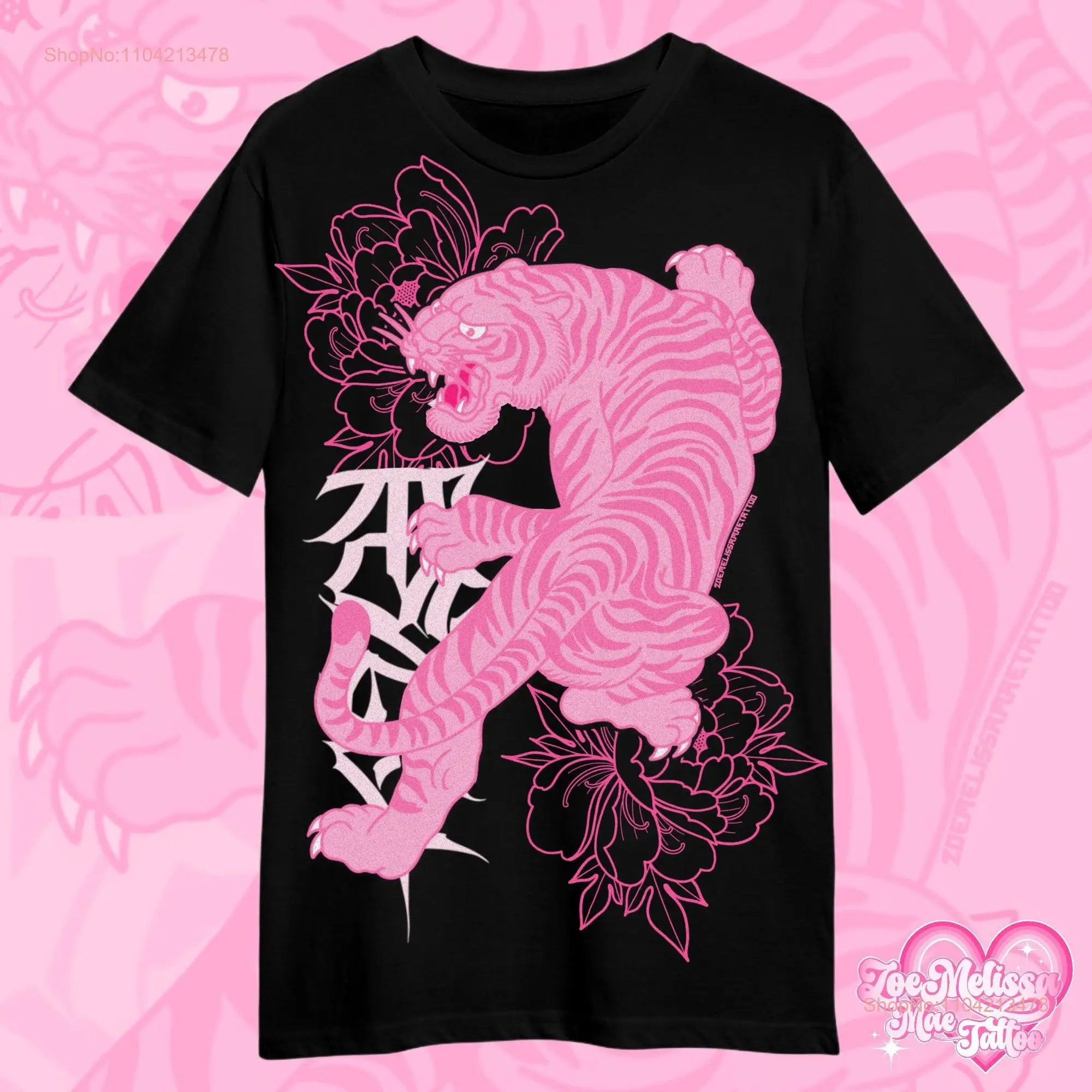 TIGER tattoo inspired unisex T Shirt limited Edition pink long or short sleeves