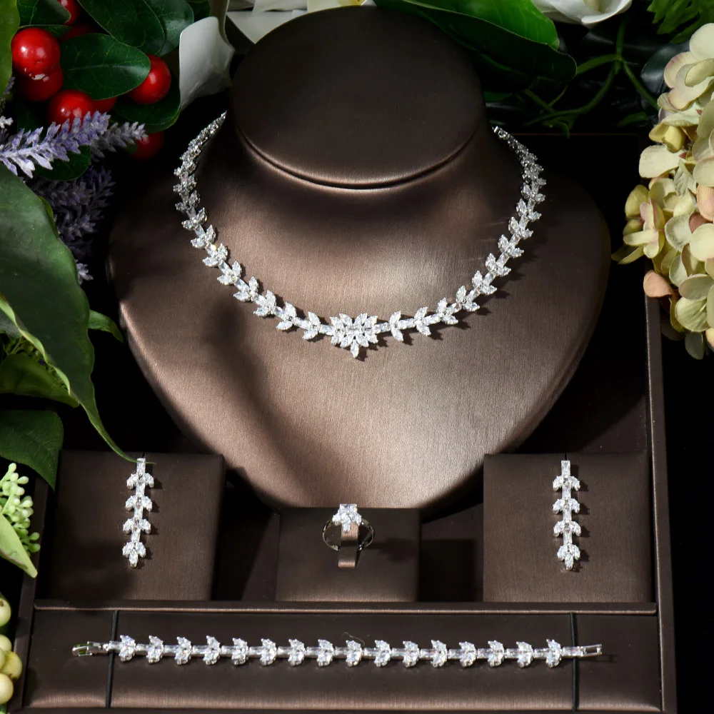 

Fashion Simple Leaf Design 4pcs Necklace Earring Set Cubic Zirconia Jewelry Sets for Dubai Nigeria Wedding Formal Occasion N-281