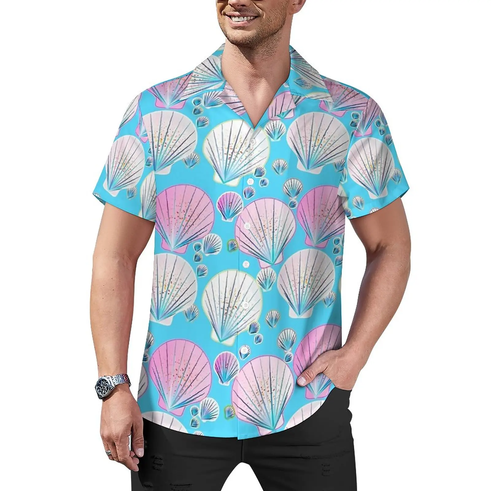 

Повседневная рубашка Sea Shells, свободная рубашка для отпуска в розовом и белом цвете, Гавайские винтажные блузки, Одежда большого размера с коротким рукавом на заказ