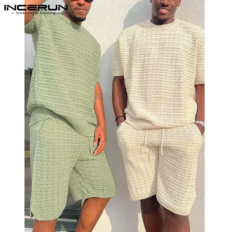 

Модные мужские комплекты 2023, однотонная уличная одежда с круглым вырезом и шорты с эластичным поясом, мужские повседневные костюмы из 2 предметов, INCERUN