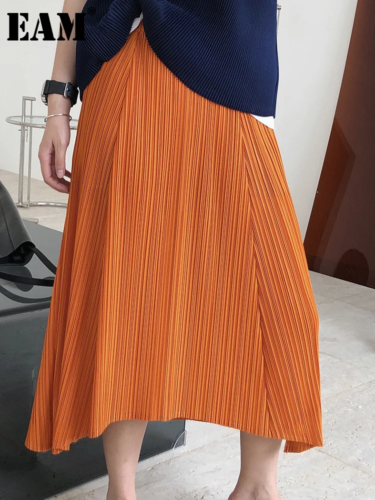 

[EAM] High Elastic Waist Orange Pleated Irregular Casual Half-body Skirt Women Fashion Tide New Spring Autumn 2023 1DF4517