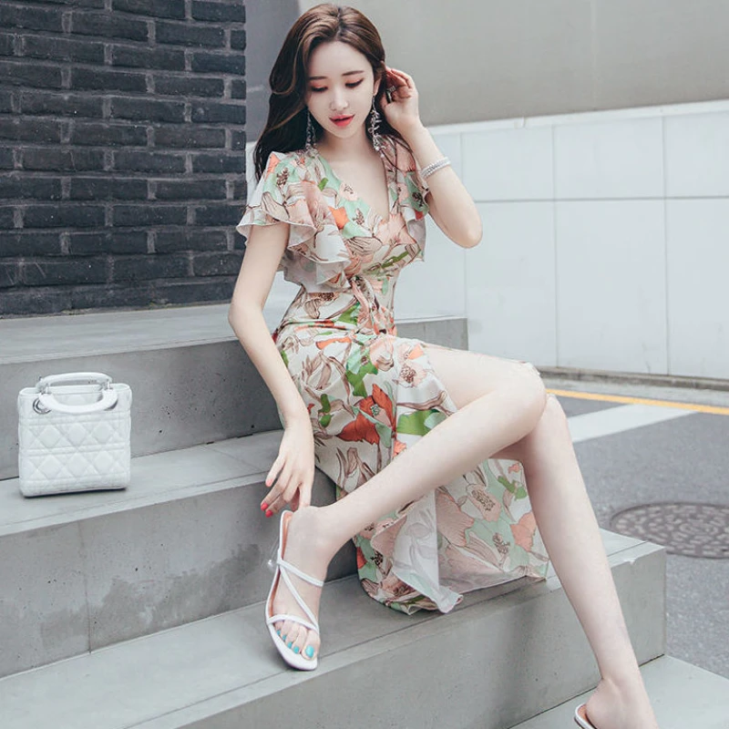 Summer New Woman Midi-length Dress Female Floral Print Casual Dresses Ladies V-neck 2023 Sundress Clothes Dresses Vestidos A24