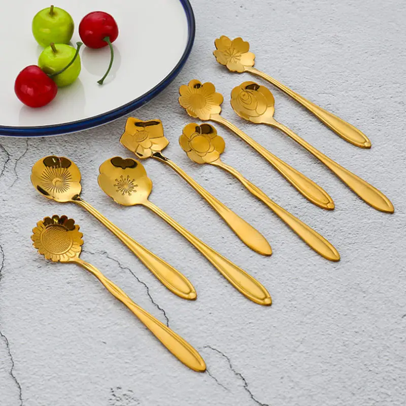 

8Pcs Small Flower Teaspoons Set Long Coffee Spoon Ice Cream Dessert Spoon Golden Cutlery Silver Stainless Steel Tableware