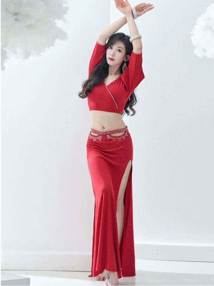 

Hollow Out Oriental Dancing Belly Dance Suit Performance Jazz Solid Color Arabic Caderines Arab Clothes Woman Latin Rhinestones