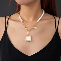 charms pearl chain with coinsquare pendants necklace for women asymmetrical beaded chains choker necklaces 2022 fashion jewelry