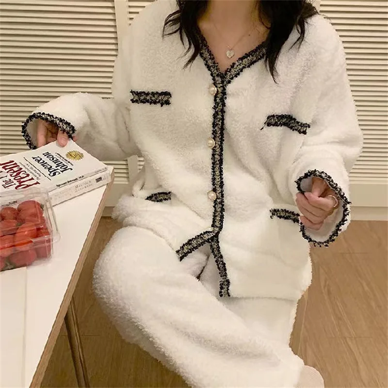 2023 New Pajamas Set Women Winter Coral Velvet Pyjamas Sets Sweet Cute Flannel Long Sleeve Female Homewear Nightwear