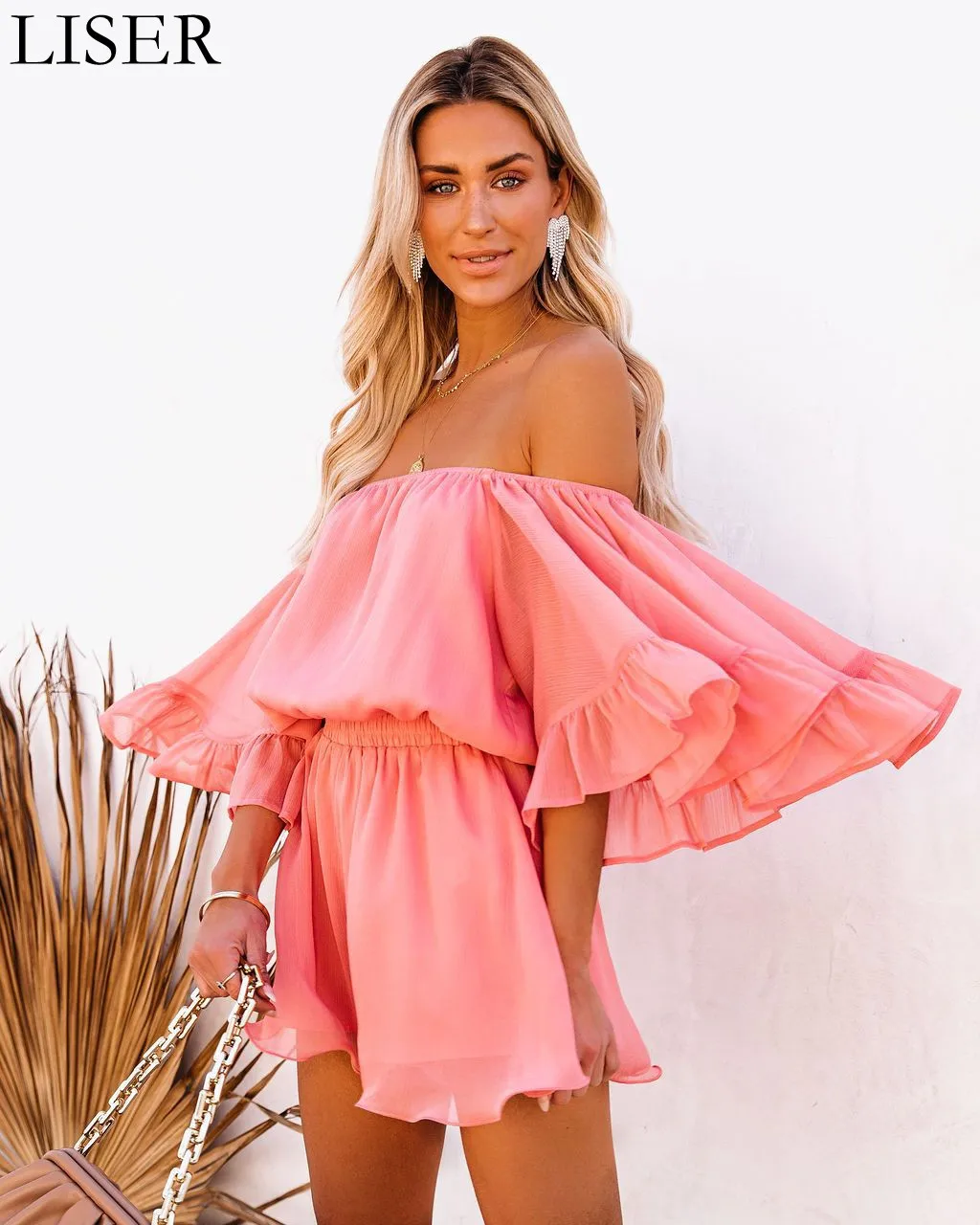 

LISER 2022 New Women'S Ruffled Jumpsuit Shorts Summer Sexy One-Shoulder Loose Thin Solid Color Jumpsuit LL1233