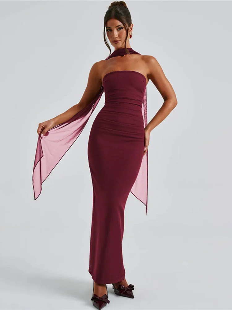 Mozision Strapless Backless Sexy Maxi Dress For Women Burgundy Mesh Sleeve Off-shoulder Bodycon Club Party Evening Long