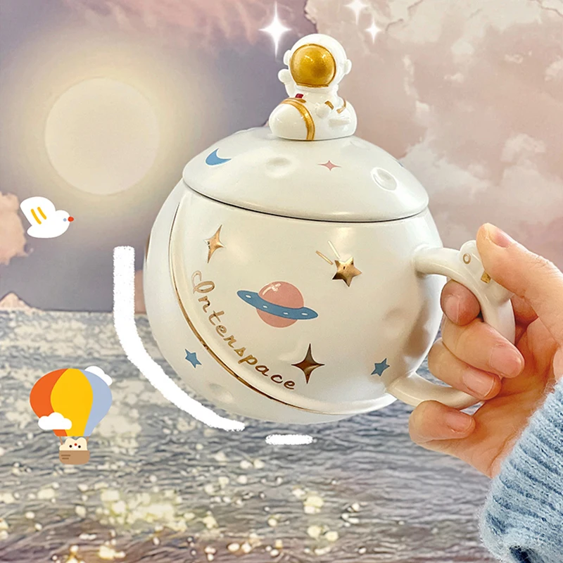 

Kawaii Astronaut Mugs Ceramic Cups Creative Coffee Cups With Lid Spoon Tea Beer Water Breakfast Cup Drinkware Birthday Gift