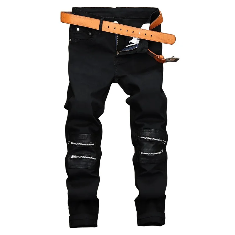 Cross-Border Supply Foreign Trade Black Zipper Decorations Casual Pants Men's Elastic Patch Slim Straight European and American