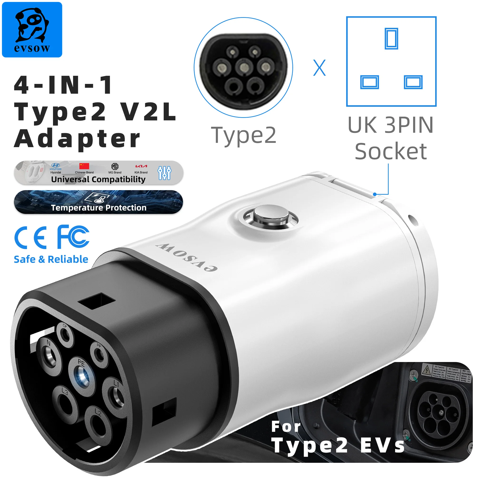 

Адаптер разряда evsow EV для MG/Kia/Hyundai/Chinese EVs V2L, конвертер разряда Type2 с регулируемым переключателем и защитой от температуры