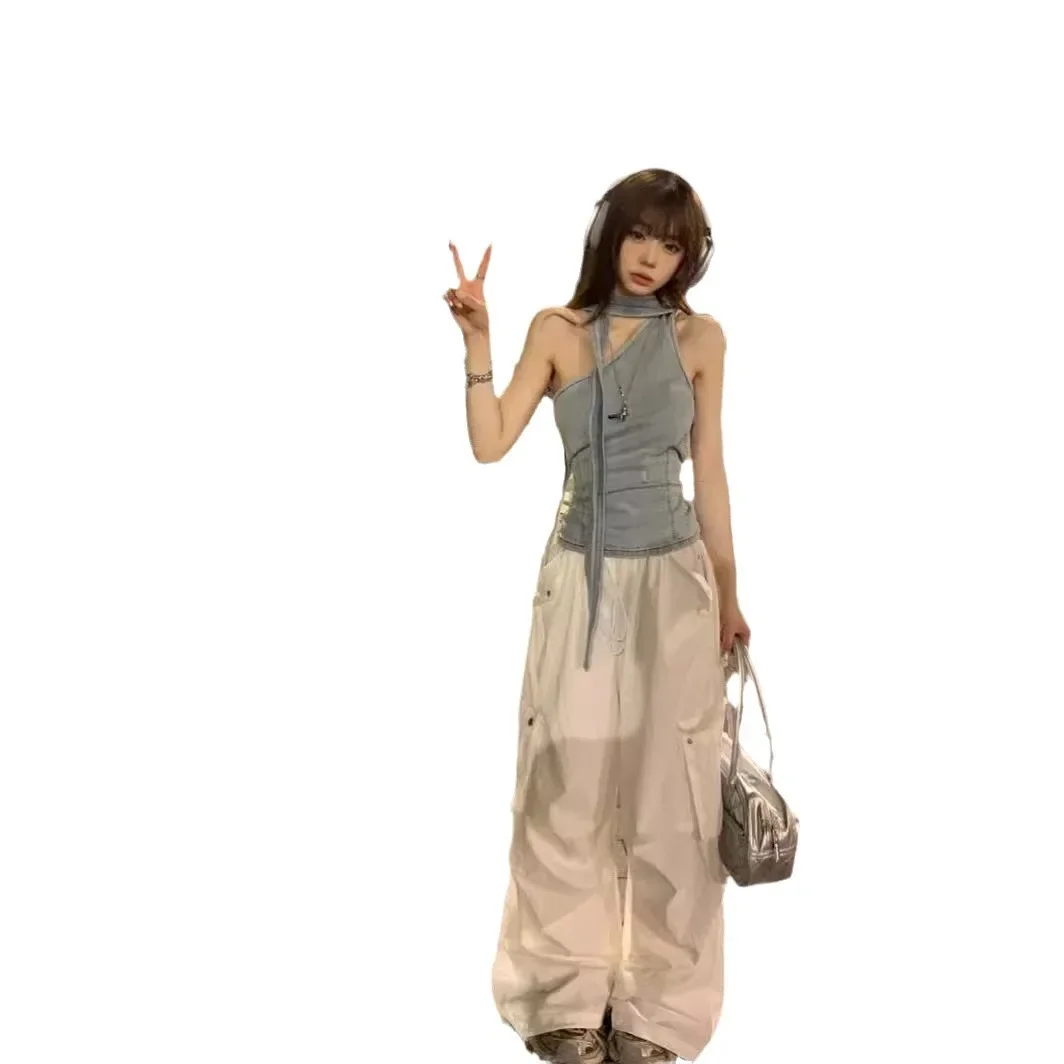 Vintage Women's Denim Cargo Pants 2-Piece Set Summer 2024 Casual Crossbody Strapless Top Shorts Fashion Outfit |