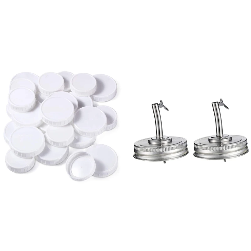 

20X Plastic Regular Mouth Mason Jar Lids & 2 Pieces Jar Oil Spout Lid Pour Lid With Caps Compatible With Mason Jar