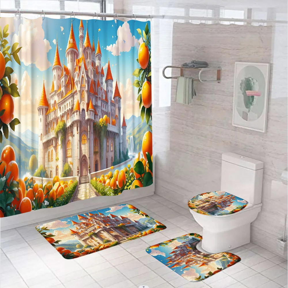 4PCS Magic Castle Garden Shower Curtain Set Fruit Orange Bathroom Curtains Anti-Slip Flannel Rug Doormat Bath Mat Toilet Cover