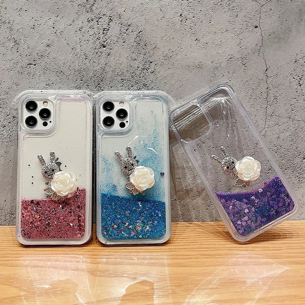 

3D Handmade roses and rabbits For iphone 6P 7P 8Plus XS XR XSMAX 11 11ProMax 12 13 14Pro 14ProMax 14Plus Shiny Quicksand Shell