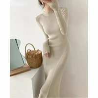o neck slim sweaters bodycon dress for women 2021 new autumn winter knitted vestidos femme full sleeve midi female dress