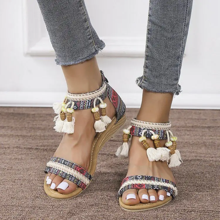

Folk-custom Summer Woman Sandals PU Slip on Flat Toe Flowers Fringe String Bead Comfy Soft Ladies Sandals Women Shoes