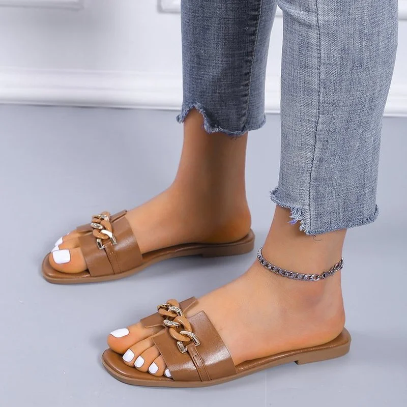 2022 Ladies Summer Slippers Square Toe Chain Slippers Flat Low Non-Slip Sandals Beach Flip Flop Casual Shoes Ladies Large Size