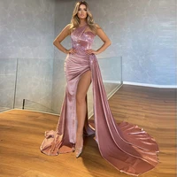 prom dresses long one shoulder sleeveless sexy prom gown for wedding sparkly crystal applique thigh slit mermaid party dresses