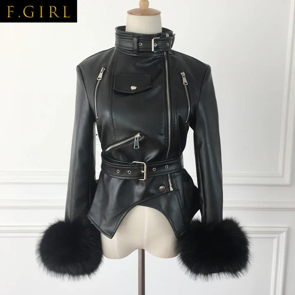 Enlarge PU leather Jacket Women Winter Black Padded Warm Punk Outerwear Fashion Motorcycle Female Coat Fur Sleeves Windbreaker