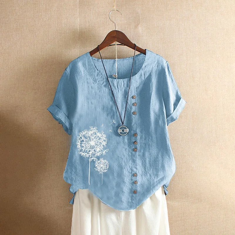 

European and American Summer Retro Casual Loose Printing Short-sleeved, Pullover T-shirt Cotton and Linen Women's Plus Size Top