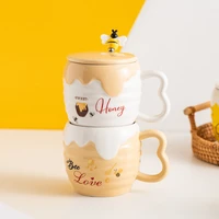 creative ceramic mug with cover lid 400ml cartoon cute bee mugs office coffee cup drinking tea cup 3 piece set