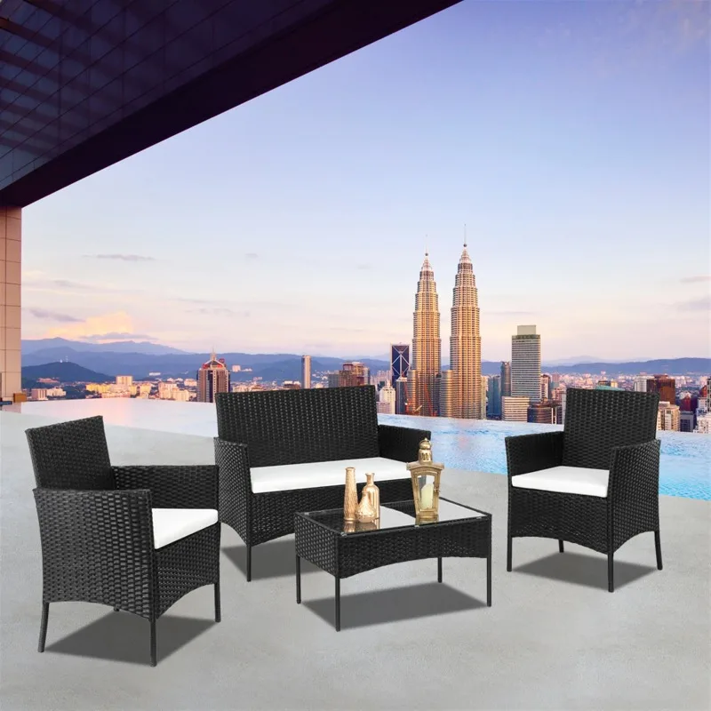 

4PCS Rattan Patio Furniture Set Cushioned Sofa Chair Coffee TableTurquoise Loveseat Arm Chairs Tempered Glass Coffee Table Black