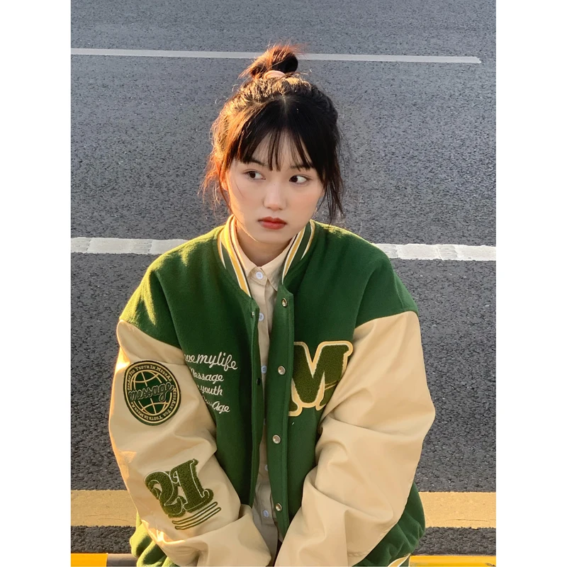 DAYIFUN/женские бейсбольные пальто милый зеленый винтажный топ для девочек с