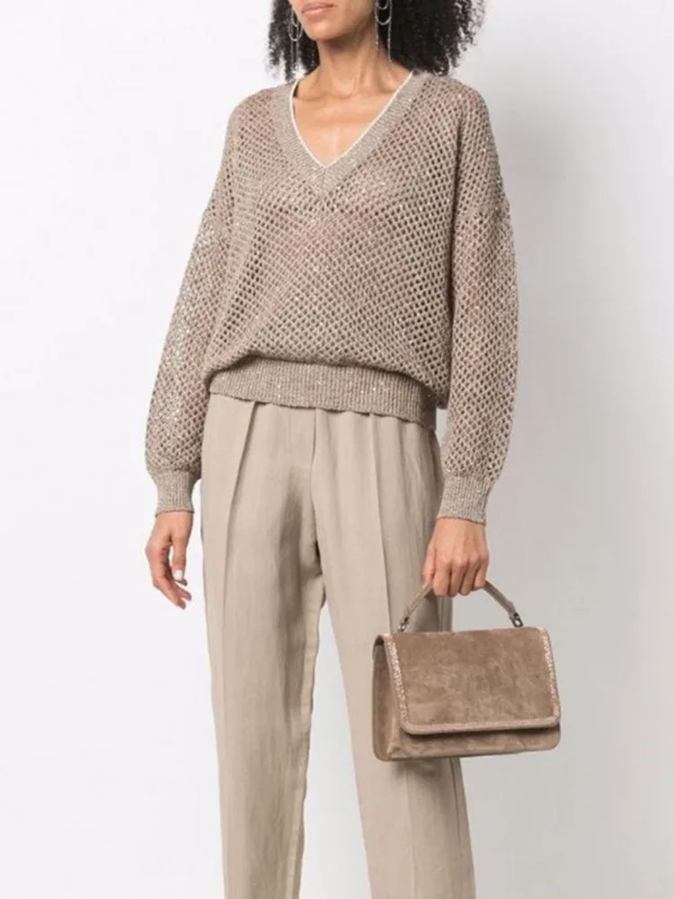 

Women Sweater Hollow Out Glitter Sequins V-Neck Casual Knitted Pullovers