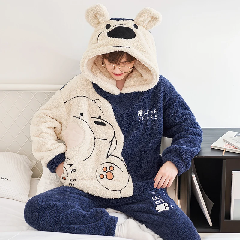 

Couple Pajamas Set Women Men Winter Thicken Hoodies Pyjamas Sleepwear Cartoon Bear Kawaii Adult Warm Pijamas Suit Nightdress