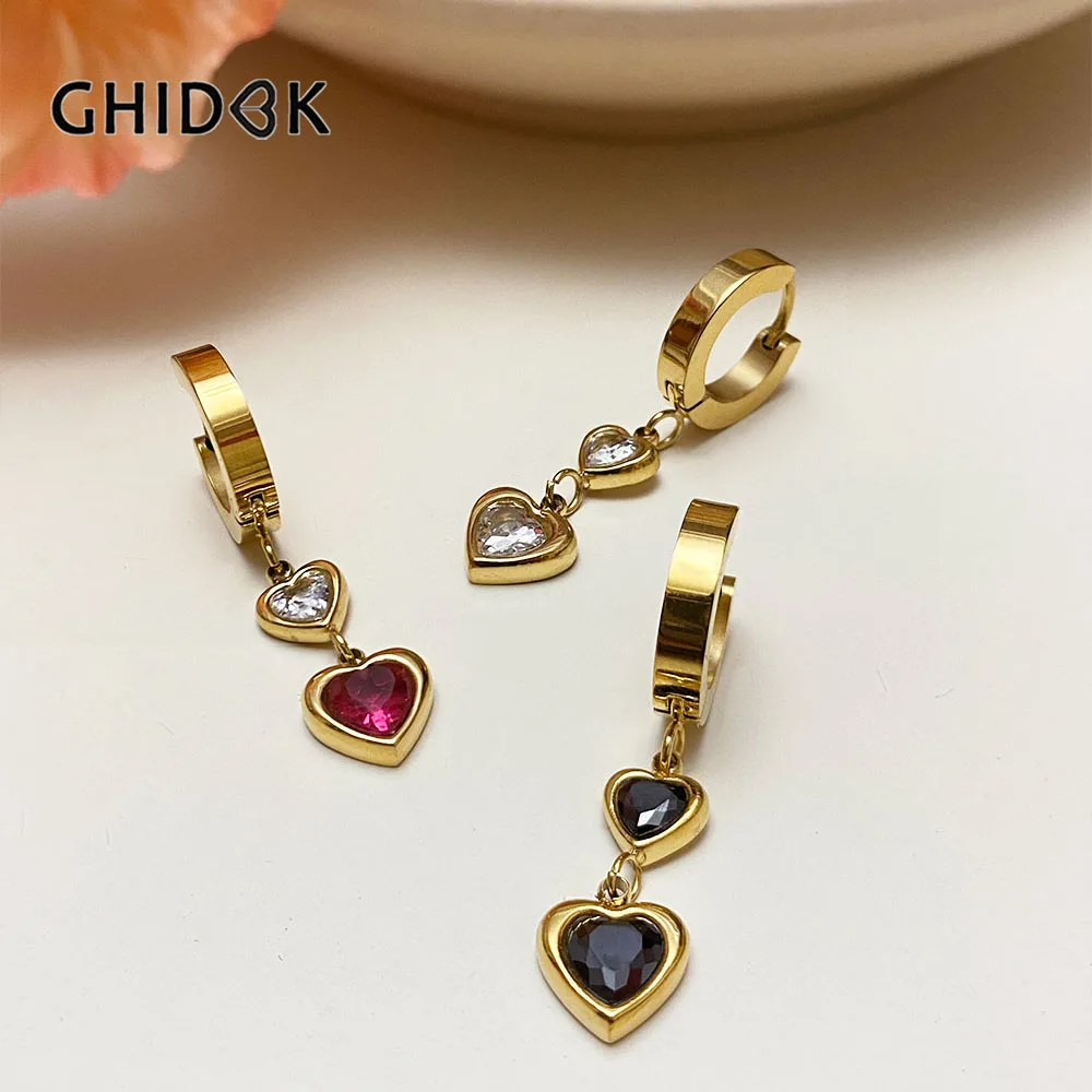 

GHIDBK Waterproof Stainless Steel 18K Gold Pvd Plated Cz Zircon Double Heart Drop Earrings Jewelry Women Valentine's Day Gift