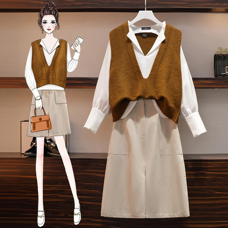 Женский элегантный костюм белая рубашка + вязаный свитер жилет и юбка модель 2022