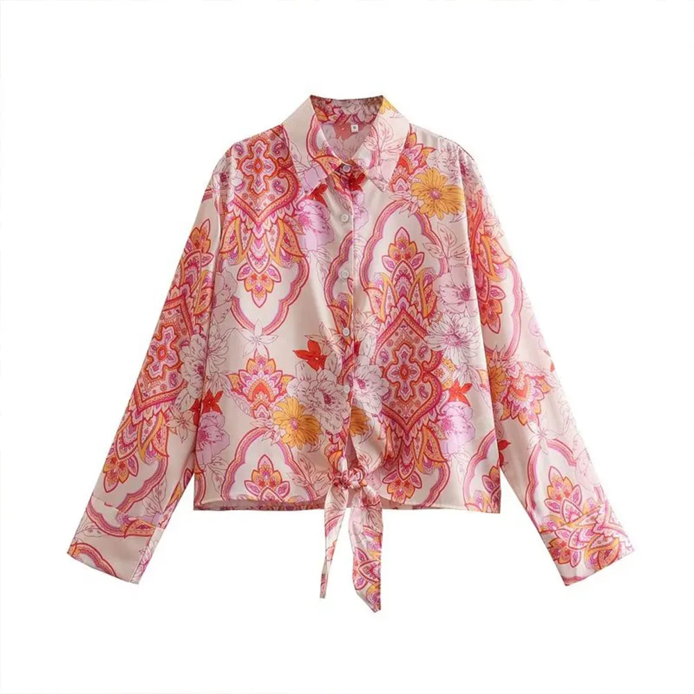 

2022 summer women's new fashion all-match buttoned long-sleeved closing hem knotted satin printed shirts
