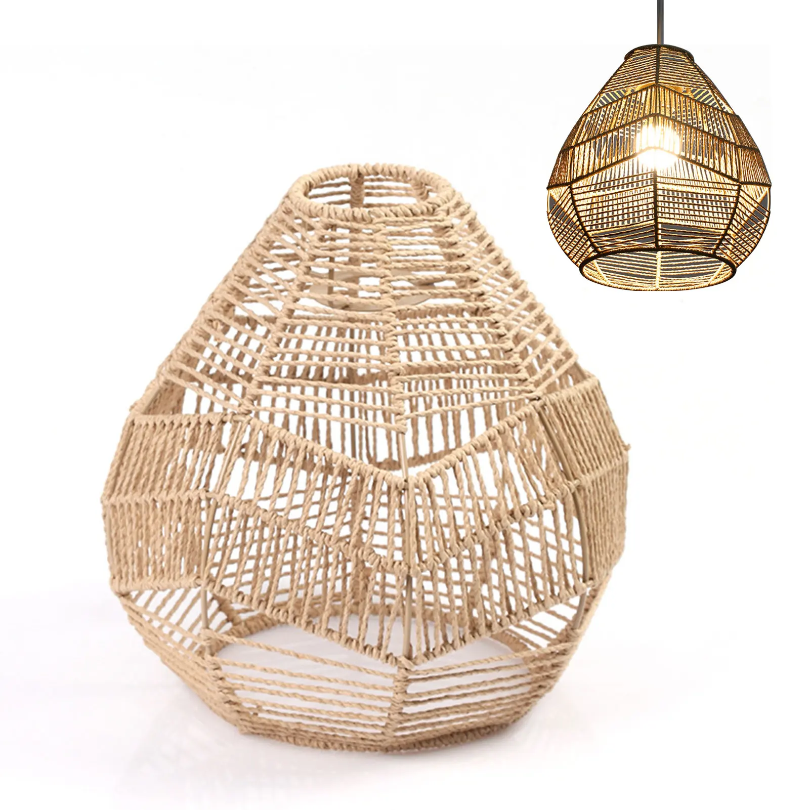 

Pendant Lamp Shade Paper Rope Rattan Boho Handwoven Wicker Lampshade for Kitchen Island Bedroom Restaurant Dining Room