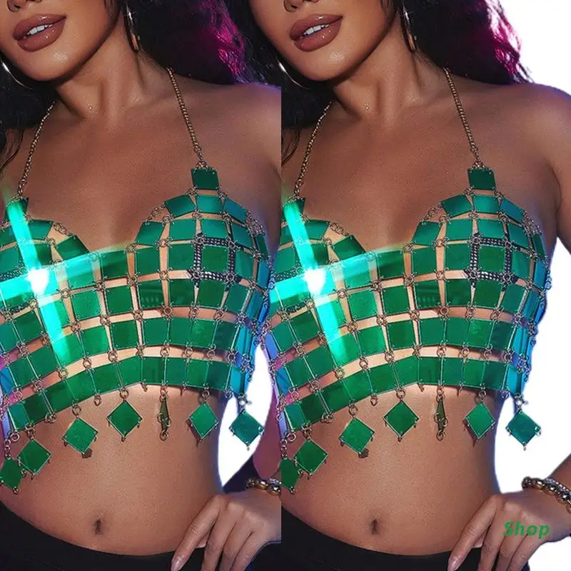

L5YC Acrylic Square Sequins Halter Bra Chain Party Rave Crop Top Tassels Body Jewelry