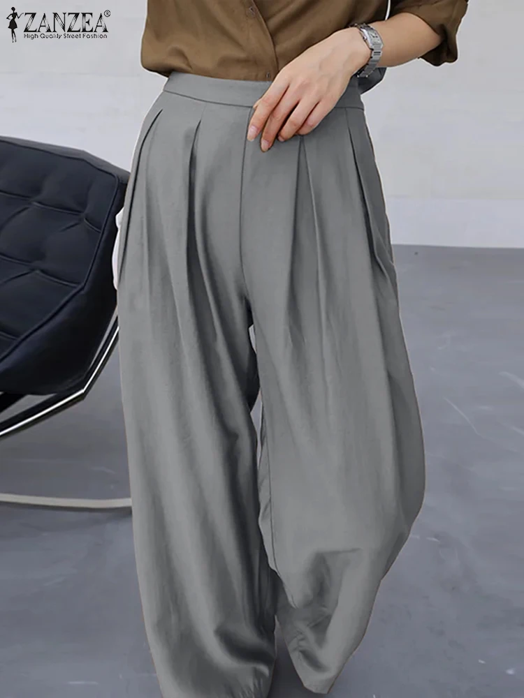 

ZANZEA Summer Wide Leg Trouser Women Fashion Solid Long Pants 2023 Casual Loose Pleats Pockets Office Lady Commuting Pantalons