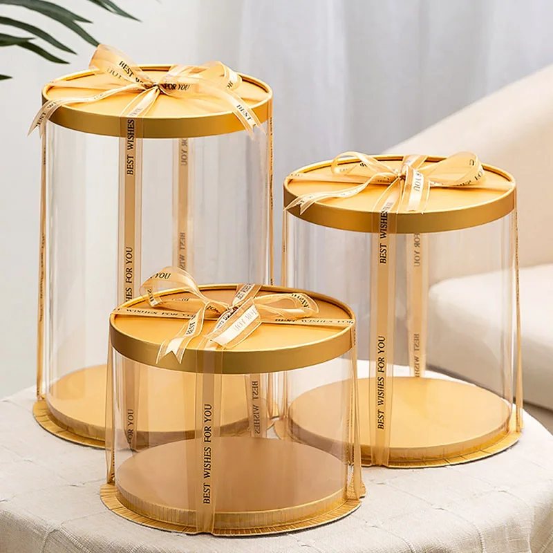5Pcs 16/22cm scatole per dolci trasparenti rotonde oro bianco trasparente modello cilindrico confezione regalo orso rosa imballaggio Dessert cottura Decor