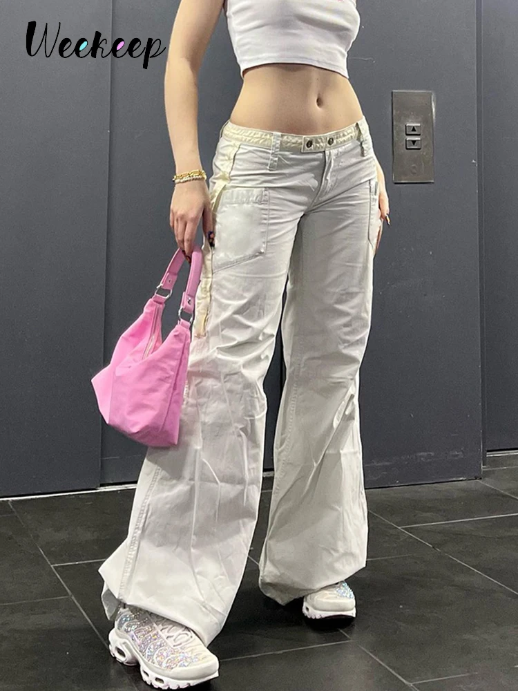 

Weekeep Low Rise Cargo Pants Women Streetwear Button Fly Baggy Casual Pants 2022 Summer Korean Fashion Hippie Joggers y2k Capris