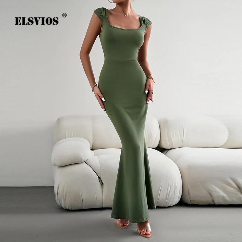

Lady Elegant Slim Square Collar Dress Fashion Sleeveless High Waist Commute Long Dresses Autumn New Solid Casual Dress For Women