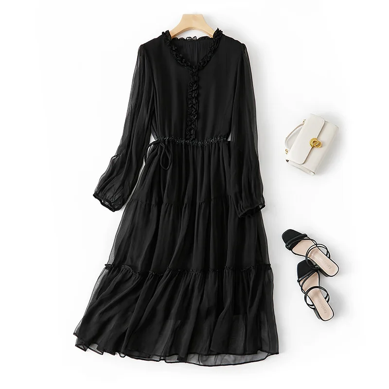 100℅ Silk Dress for Women V-neck Fashion Lace and Embroidered Flares Mulberry Silk Dress Full Sleeve Solid Midi Dress 86022