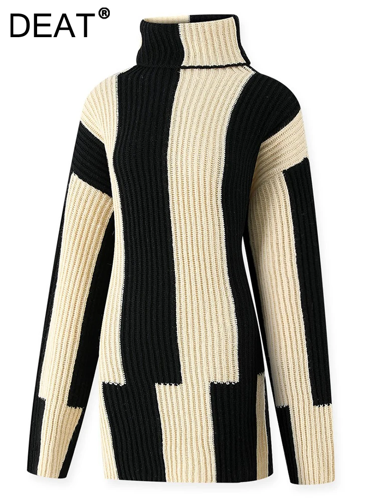 

DEAT Fashion Women's Sweatshirts Slim Turtleneck Full Sleeve Asymmetric Contrasting Colors Pullowers Autumn 2023 New 17A9684