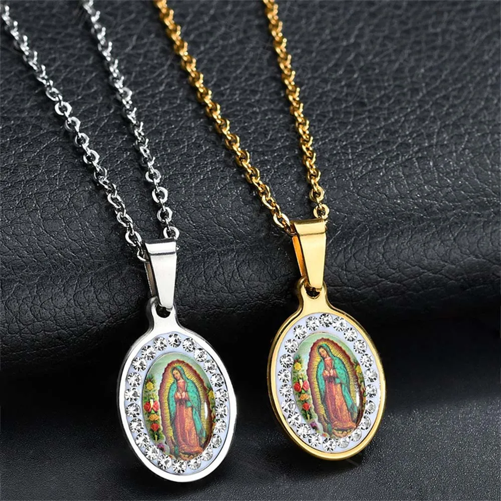 

Holy Virgin Mary Color Film Pendant Amulet Stainless Steel Chain Necklace for Women Collier Christian Believers Jewelry