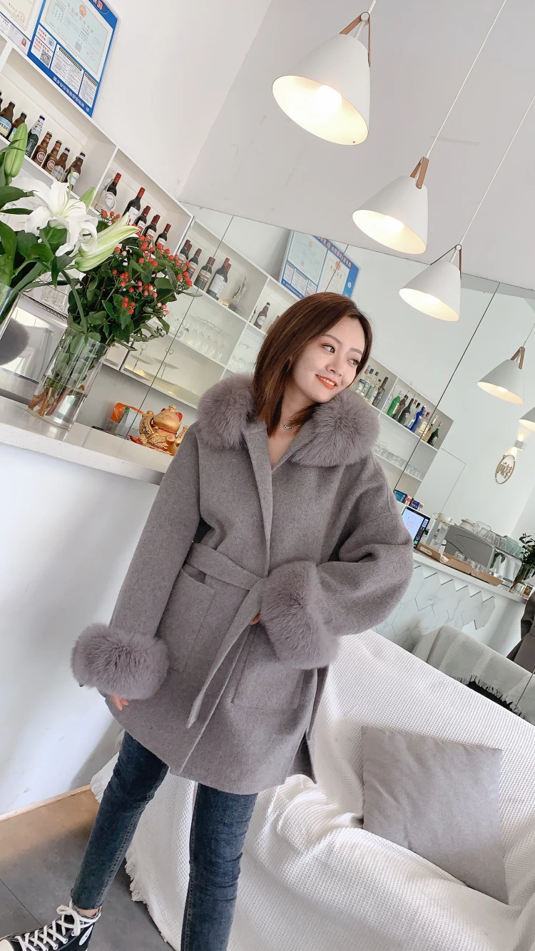 2023 New Real Fur Coat Winter Jacket Women Natural Fox Fur Collar Hooded Outerwear Oversize Loose Cashmere Wool Blends Overcoat